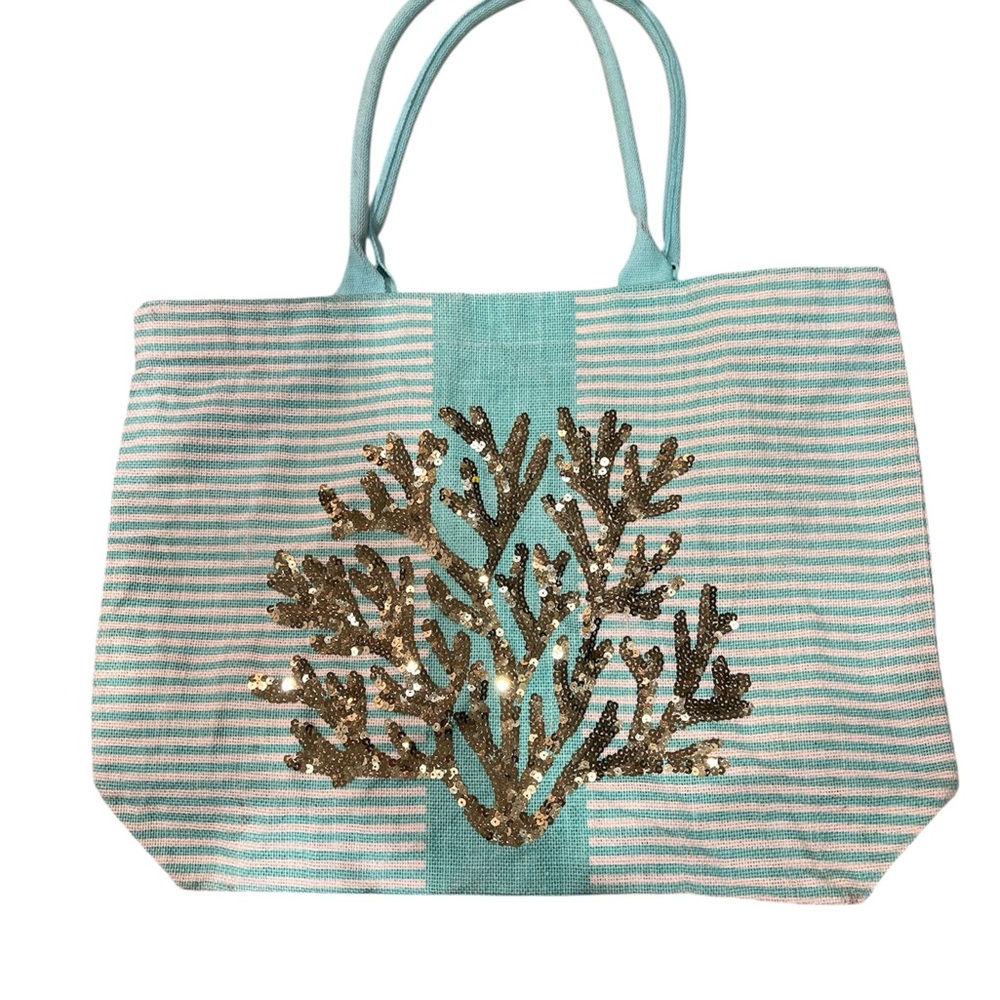Mud Pie Blue and Gold Tote Bag with Striped Design